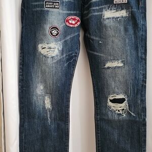 Mostly Heard Rarely Seen Men's Blue Distressed Patch Denim Straight Jeans 42x34